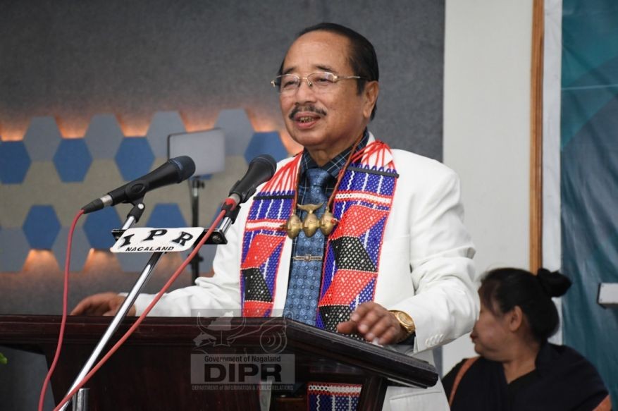 Advisor Imkong L Imchen addressing the felicitation programme at IPR Conference Hall, Kohima on April 11. (DIPR Photo)